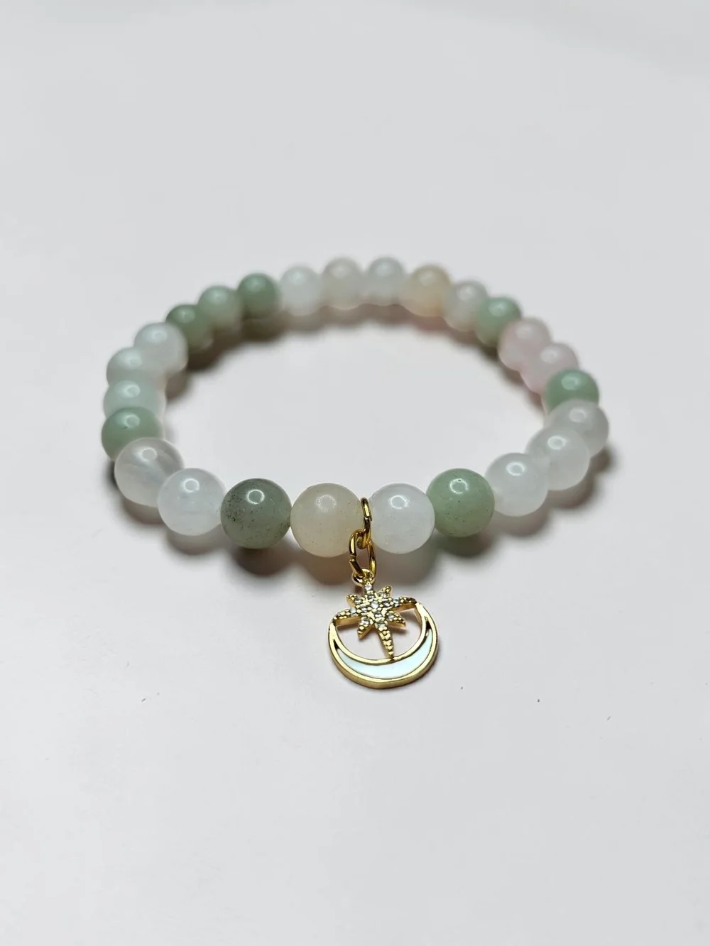 Gold Star & Crescent Charm Beaded Bracelet in Green, White and Blush/rose Quartz